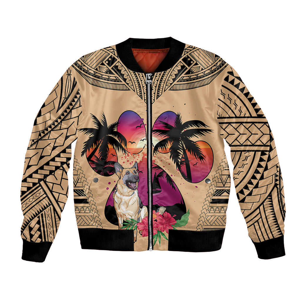 Unisex tan bomber jacket with black ribbed trim, colorful dog and palm print