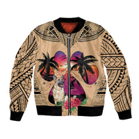 Unisex tan bomber jacket with black ribbed trim, colorful dog and palm print