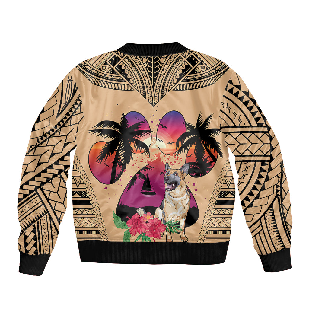 Unisex tan bomber jacket with black ribbed trim, central dog and tropical flower print