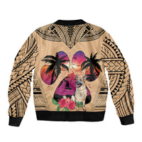 Unisex tan bomber jacket with black ribbed trim, central dog and tropical flower print
