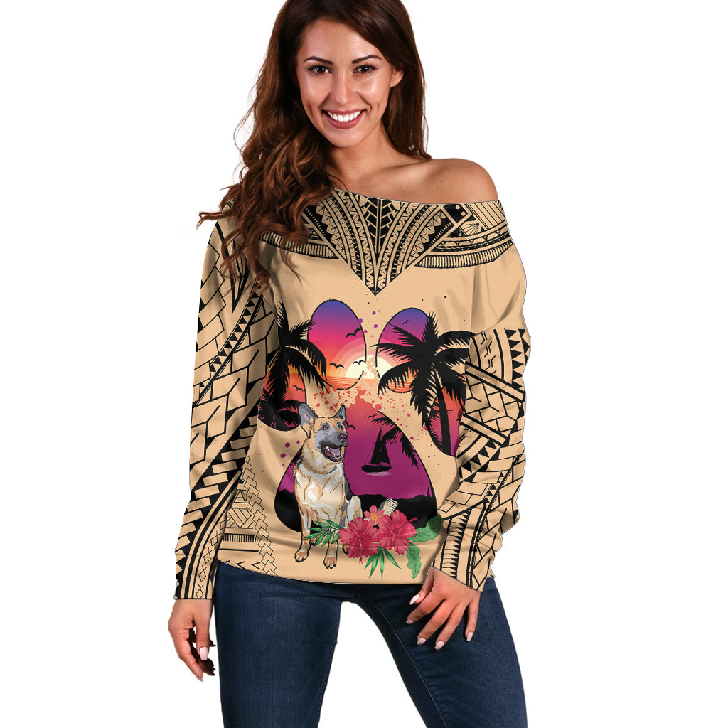 Off-shoulder tan sweater with long sleeves and colorful German shepherd graphic