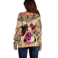 Off-shoulder tan sweater with long sleeves, back view, colorful German shepherd print