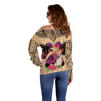 Off-shoulder tan sweater with long sleeves, side view, colorful German shepherd graphic