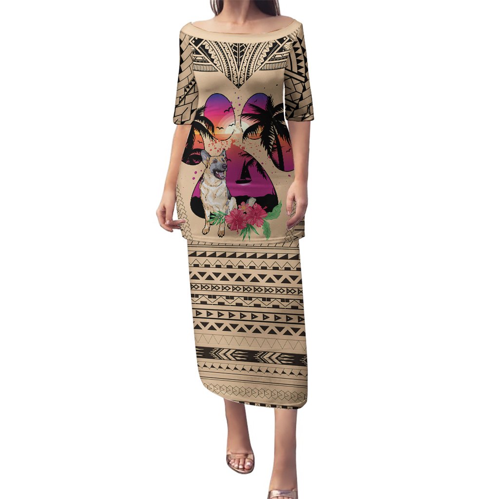 Long off-white tunic dress with geometric border and colorful dog lover print