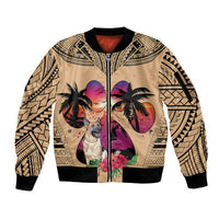Tan bomber jacket with full-zip front; ribbed cuffs; dog and tropical graphic on front.