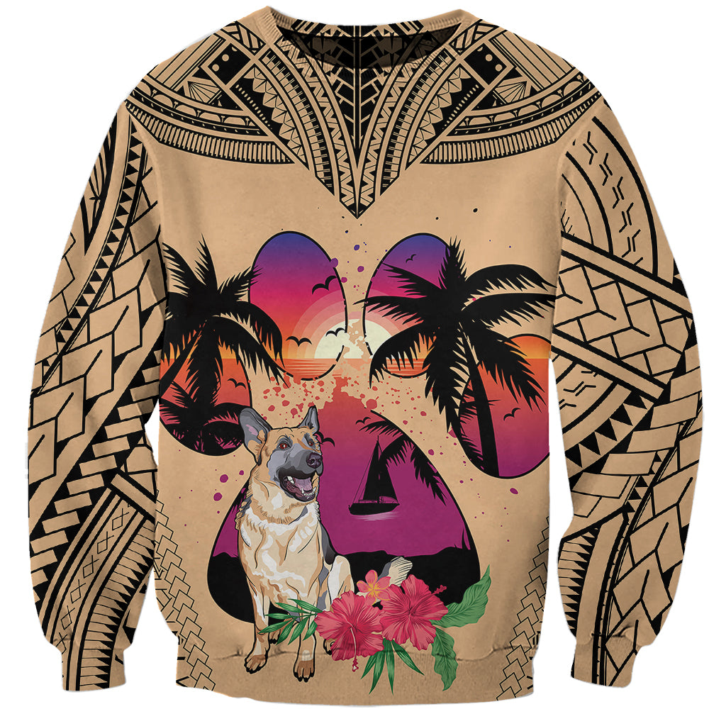 Unisex tan sweatshirt with German Shepherd graphic, palms, and tribal sleeve pattern