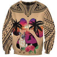 Unisex tan sweatshirt with German Shepherd graphic, palms, and tribal sleeve pattern