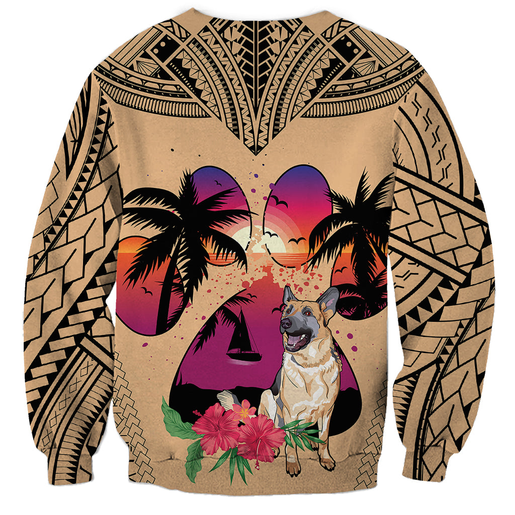 Unisex tan sweatshirt with German Shepherd, palms, flowers, and tribal sleeve pattern