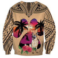 Unisex tan sweatshirt with German Shepherd, palms, flowers, and tribal sleeve pattern