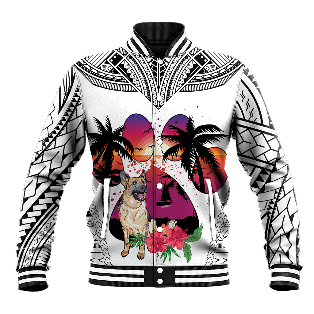 White unisex baseball jacket with black tribal sleeves and German shepherd tropical sunset art