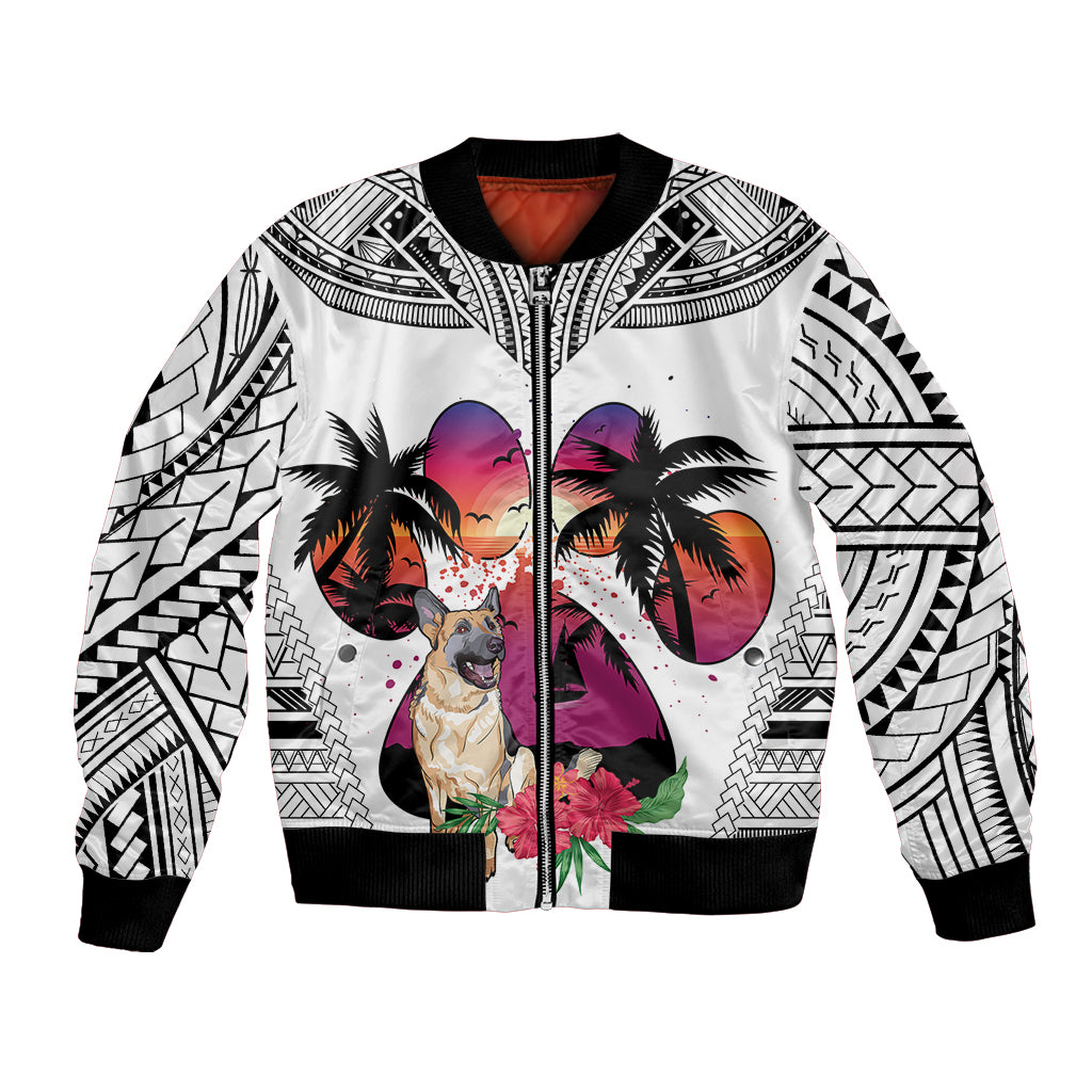 Unisex white bomber jacket with colorful dog heart, palms, and tribal print, ribbed cuffs