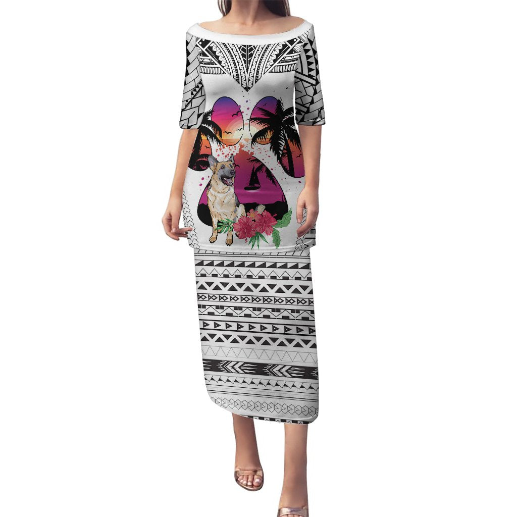 White off-shoulder long dress with tribal border and dog lover graphic