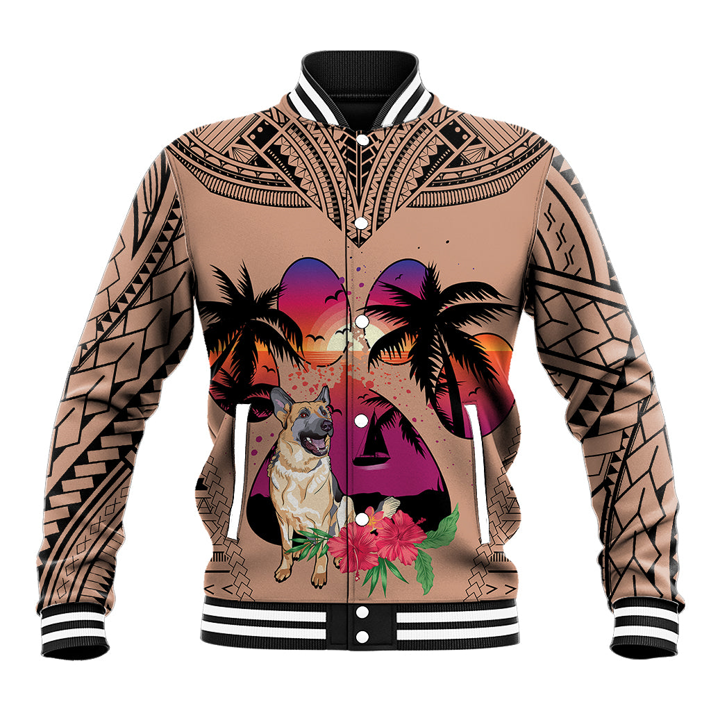 Unisex baseball varsity jacket in brown with dog, palm trees, and geometric tribal print