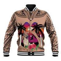Unisex baseball varsity jacket in brown with dog, palm trees, and geometric tribal print