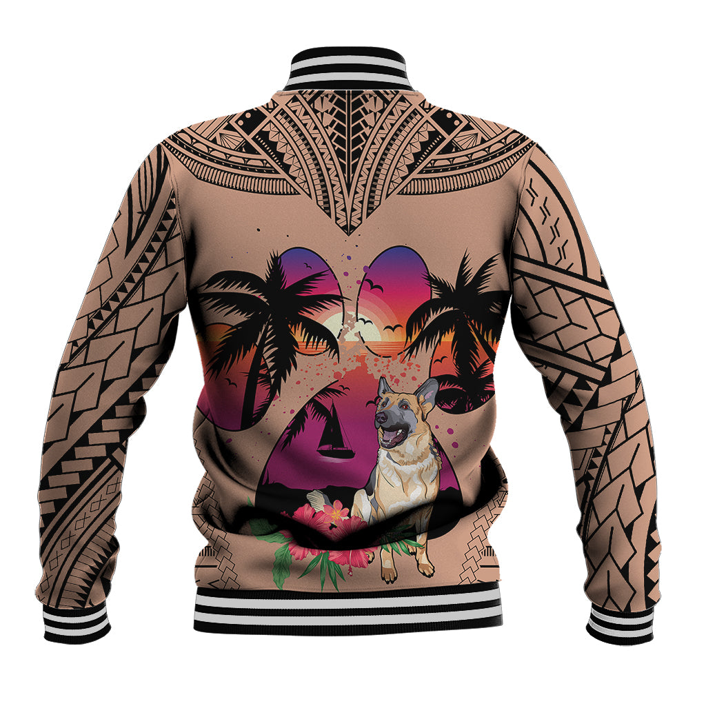 Unisex baseball varsity jacket, brown back view with dog graphic, palms, and tribal patterns
