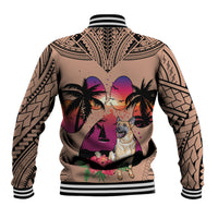 Unisex baseball varsity jacket, brown back view with dog graphic, palms, and tribal patterns