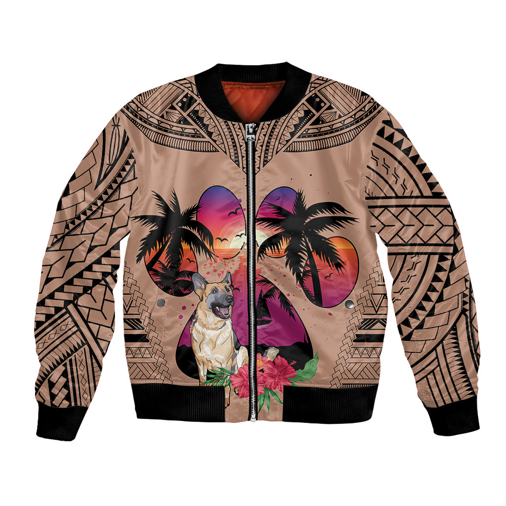 Brown unisex bomber jacket with zip front and colorful dog graphic on front