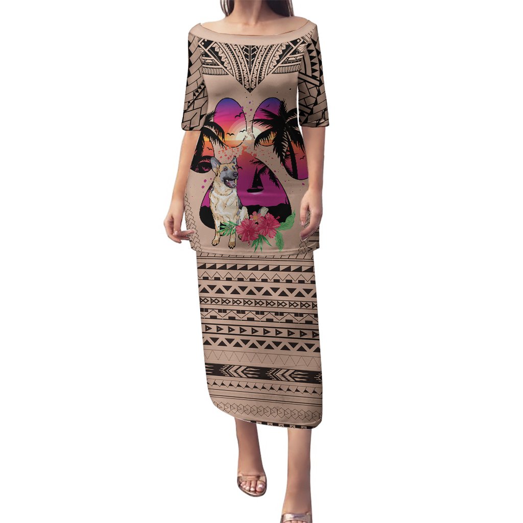 Brown long off-shoulder-style dress with dog-and-floral graphic and geometric hem stripe