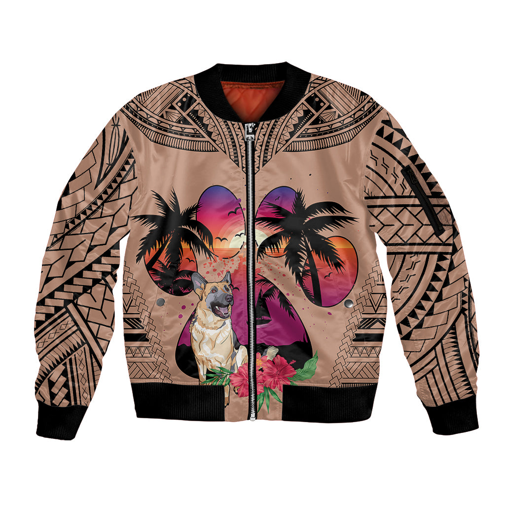 Brown zip-front bomber jacket with dog lover print, palm trees, and black ribbed cuffs