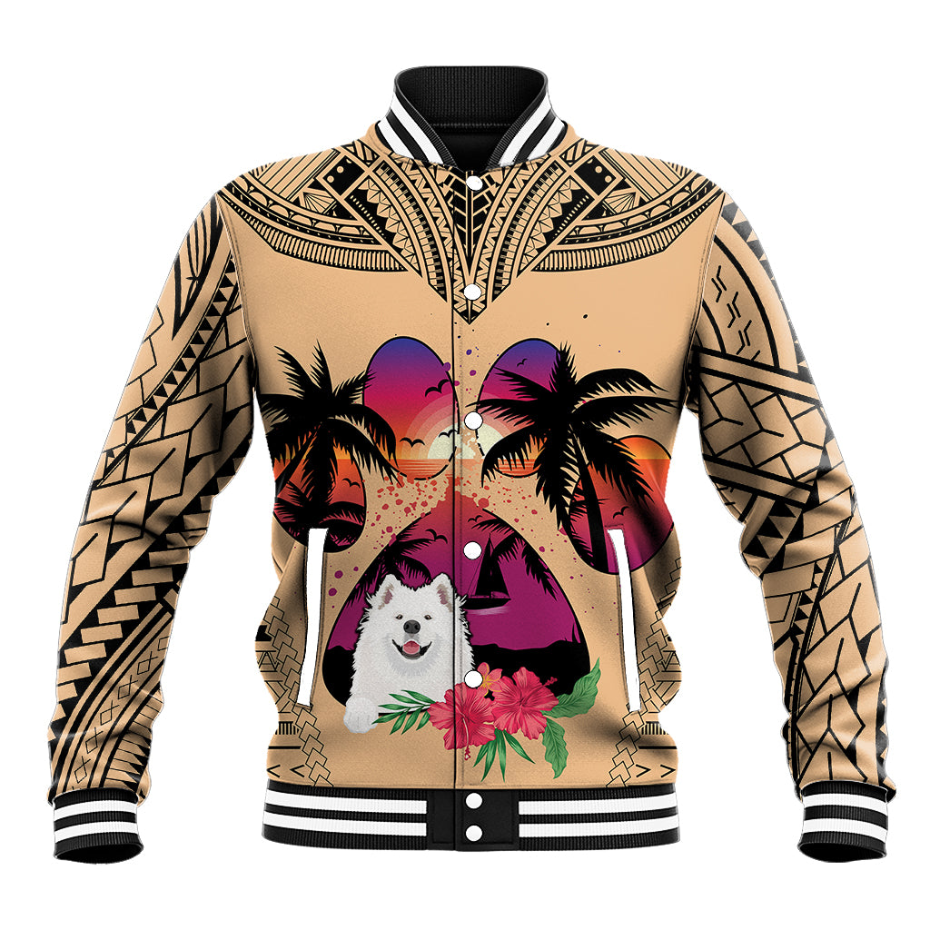 Unisex baseball jacket, beige coral with Samoyed graphic, palms and floral, striped cuffs