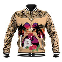 Unisex baseball jacket, beige coral with Samoyed graphic, palms and floral, striped cuffs