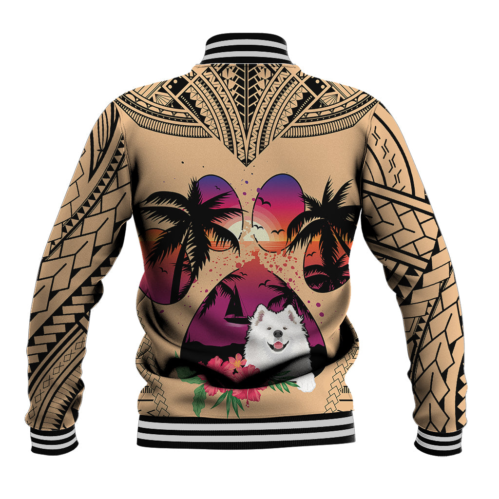 Unisex baseball jacket back view, beige coral with Samoyed graphic, palms and floral