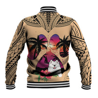 Unisex baseball jacket back view, beige coral with Samoyed graphic, palms and floral