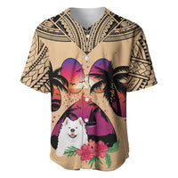 Tan baseball jersey with Samoyed, palms, and floral sunset graphic