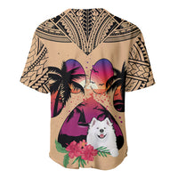 Tan baseball jersey with centered Samoyed, palm trees, and sunset artwork