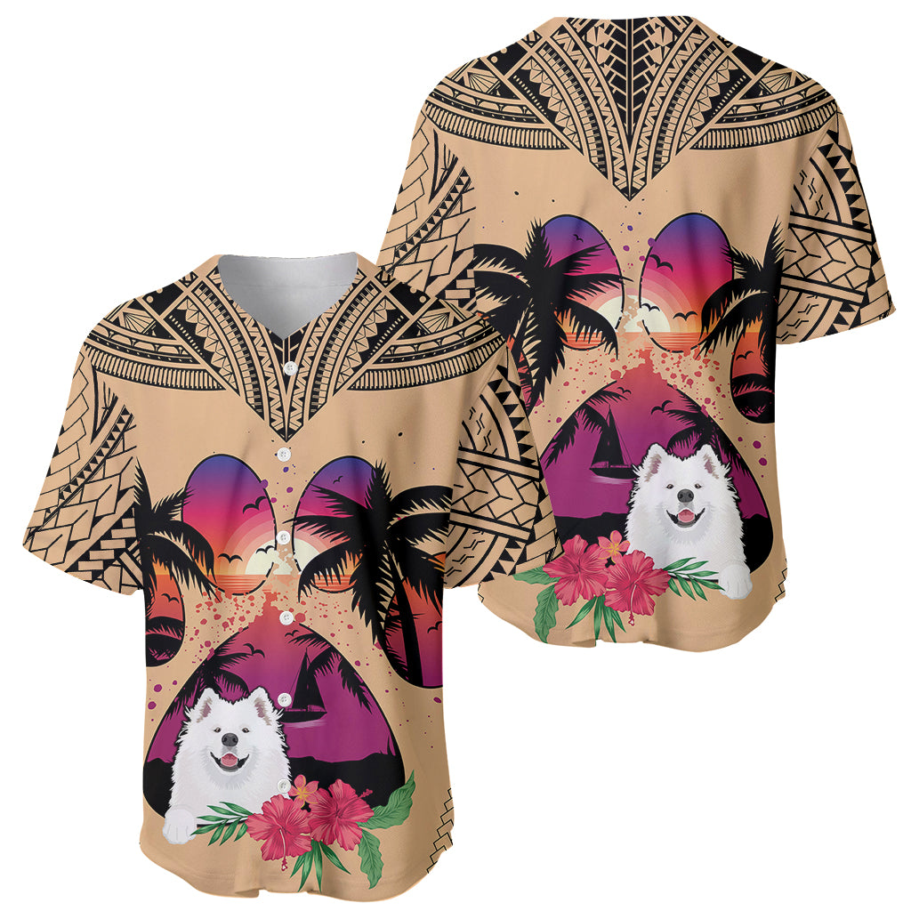 Tan baseball jersey with Samoyed, palms, and floral sunset graphic, two views