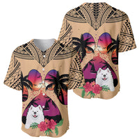 Tan baseball jersey with Samoyed, palms, and floral sunset graphic, two views