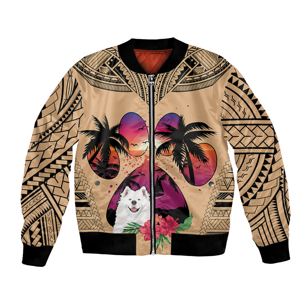 Unisex bomber jacket with beige tribal print, palm trees, Samoyed face, black trim.