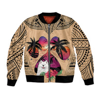 Unisex bomber jacket with beige tribal print, palm trees, Samoyed face, black trim.
