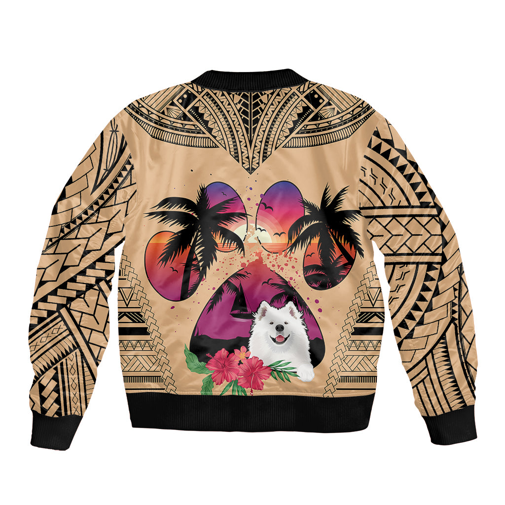 Unisex bomber jacket, beige tribal back with Samoyed portrait, purple heart, palm trees.