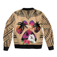 Unisex bomber jacket, beige tribal back with Samoyed portrait, purple heart, palm trees.