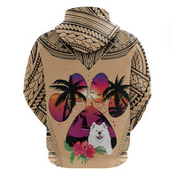 Beige hoodie with hood up; Polynesian designs, sunset palms, and Samoyed dog graphic