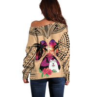 Tan off-shoulder sweater, back view, Polynesian geometric print with Samoyed dog graphic