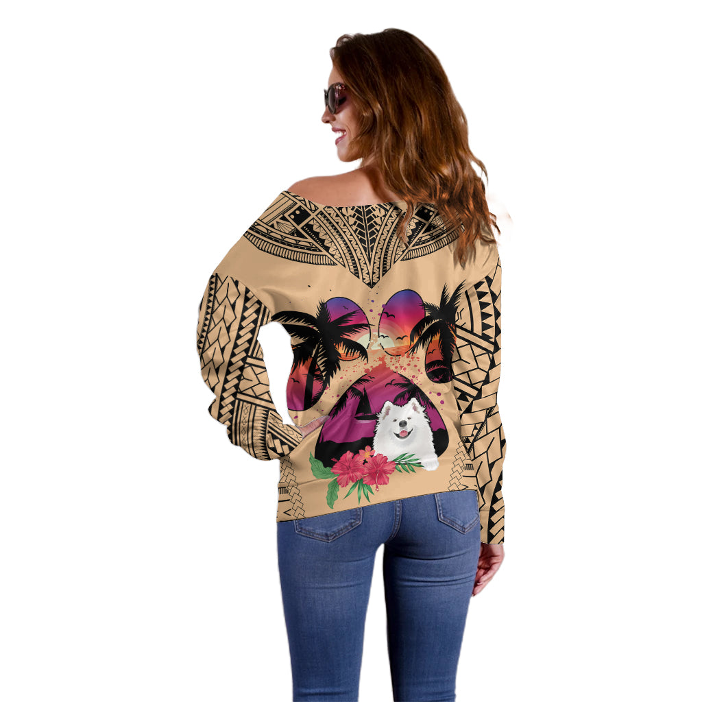 Tan off-shoulder sweater, side view, Polynesian print with Samoyed dog and palm trees