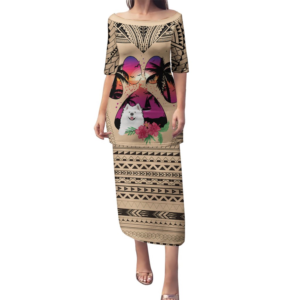Long off-shoulder dress with tan geometric pattern and dog lover graphic, short sleeves