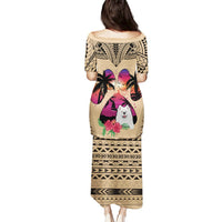 Long dress back view with tan geometric pattern and dog lover graphic, short sleeves