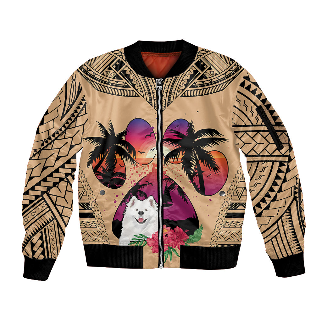 Tan unisex zip-up bomber jacket with black rib trim, samoyed and tropical print on front