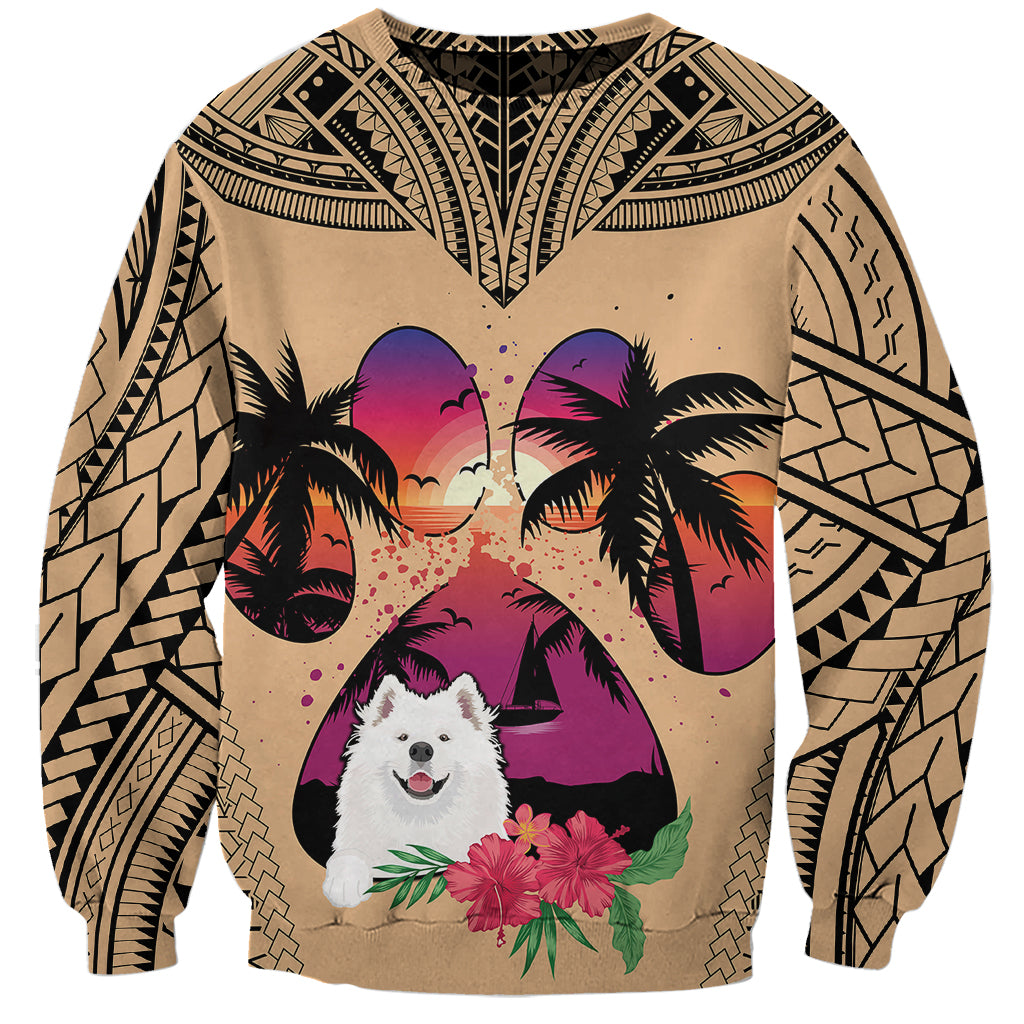 Unisex sweatshirt with Samoyed, palm trees, flowers, and Polynesian tribal pattern