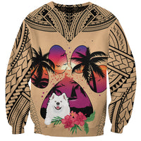 Unisex sweatshirt with Samoyed, palm trees, flowers, and Polynesian tribal pattern