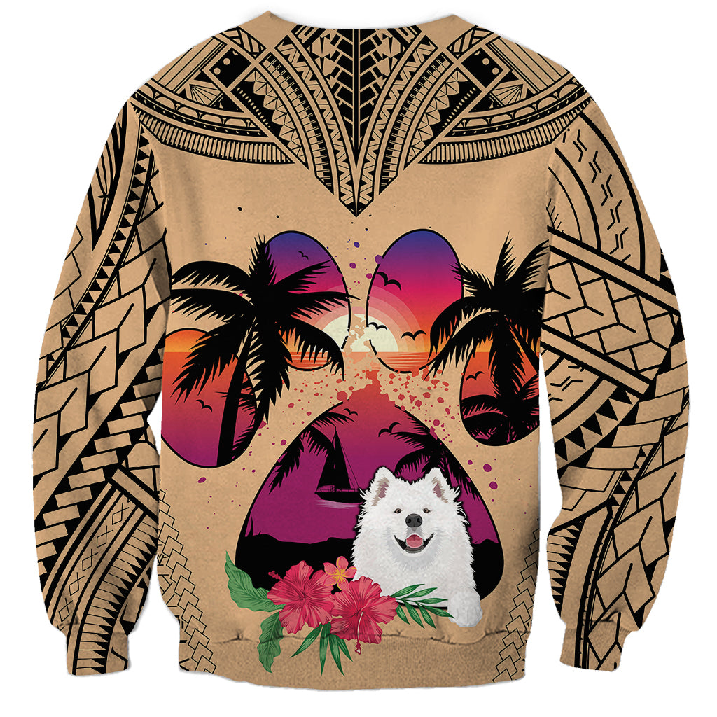 Unisex sweatshirt featuring Samoyed in center with palm trees, flowers, and tribal print