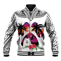 White baseball jacket with zip front and Samoyed dog graphic, palm trees and sunset art