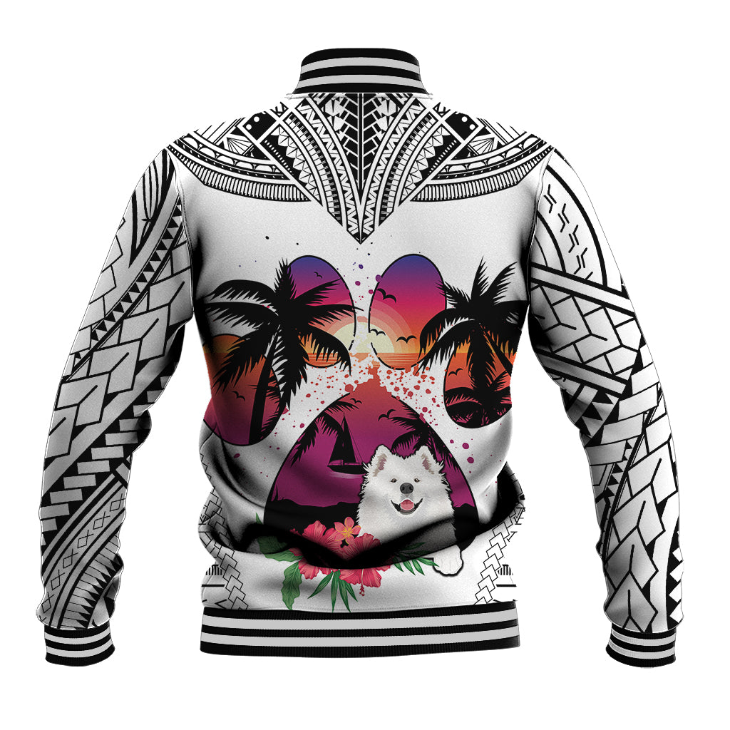 White baseball jacket with ribbed hem, tribal sleeves, and centered Samoyed with sunset palms