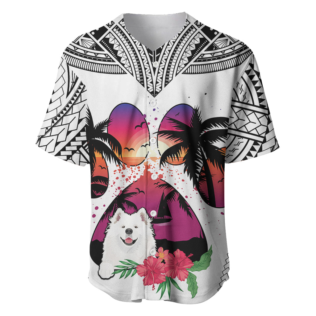 White baseball jersey with black tribal yoke, sunset palms, smiling Samoyed, hibiscus print