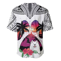 White baseball jersey with black tribal pattern, sunset palms, Samoyed face and hibiscus