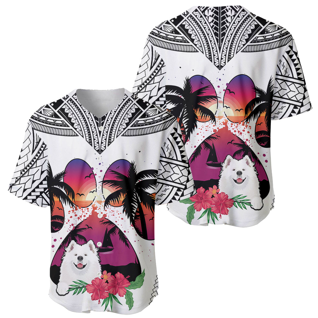 White baseball jersey, black geometric yoke and sleeves, Samoyed dog with hibiscus front