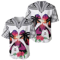 White baseball jersey, black geometric yoke and sleeves, Samoyed dog with hibiscus front